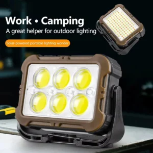 Mini COB LED Solar Work Light, Portable Magnetic Folding Lamp, Black ABS, 7 Modes, USB-C and Solar Charging, 1200mAh Powerbank, for Camping, Emergency, Repairs
