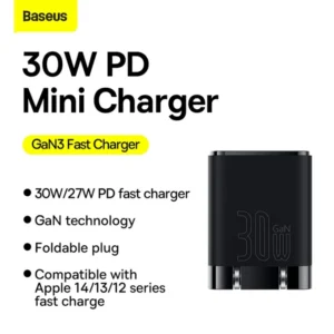 Baseus 30W USB C Charger, GaN3 mini Type C Fast Power Adapter with Foldable Plug